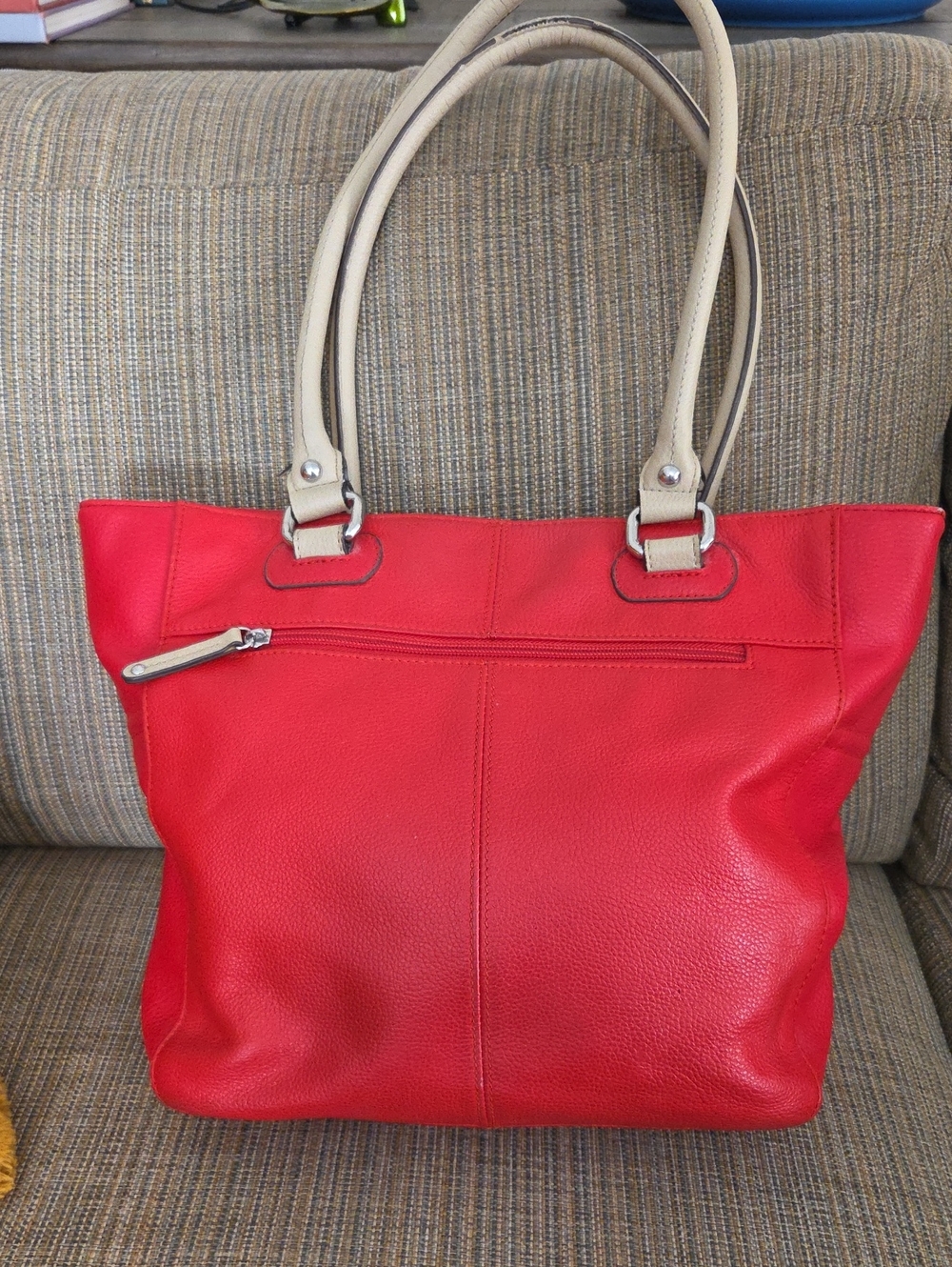 Tignanello Red Leather Tote with Cream Handles